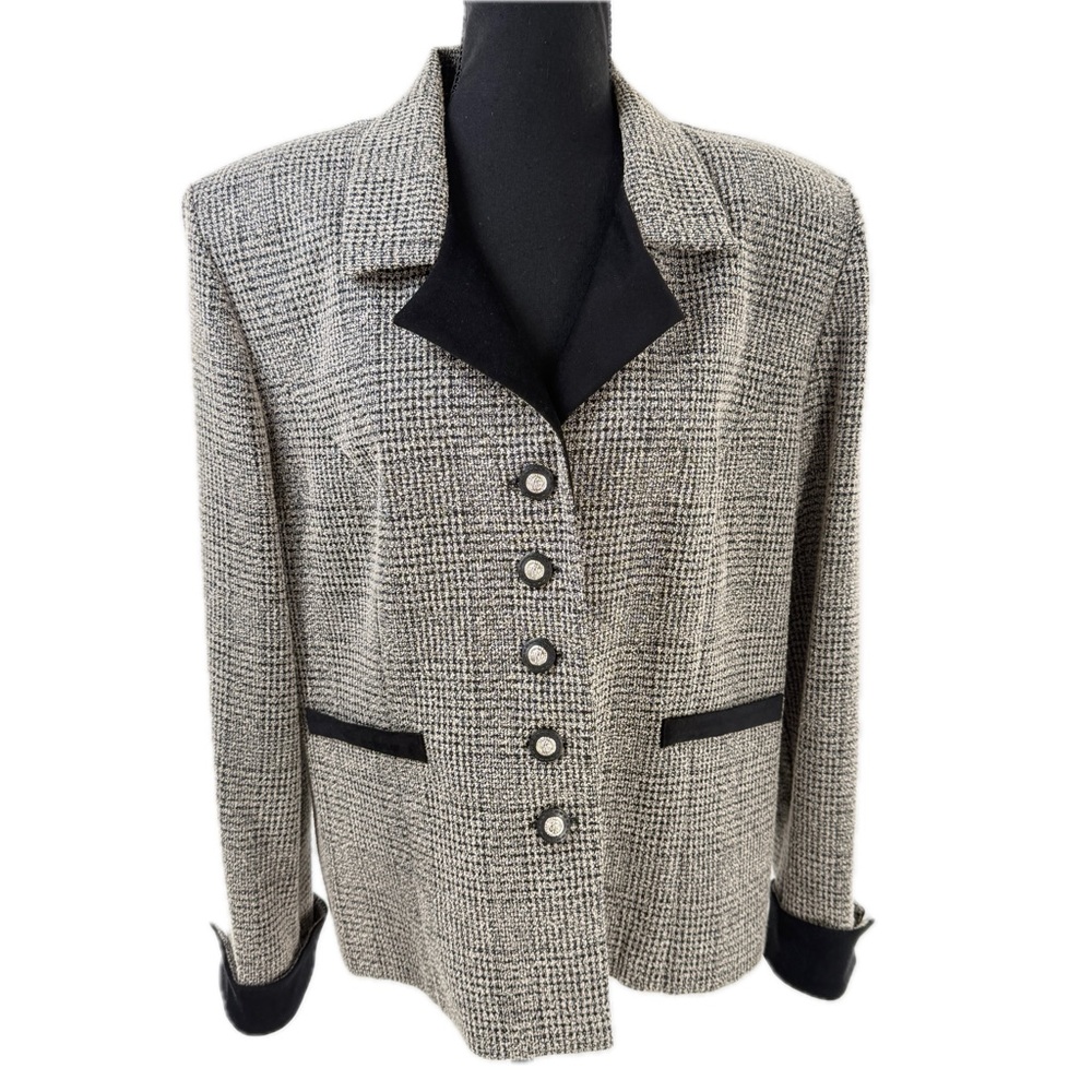 PERCEPTIONS By Irene B Herringbone Black White Jacket Blazer Velvet Trim Size 14
